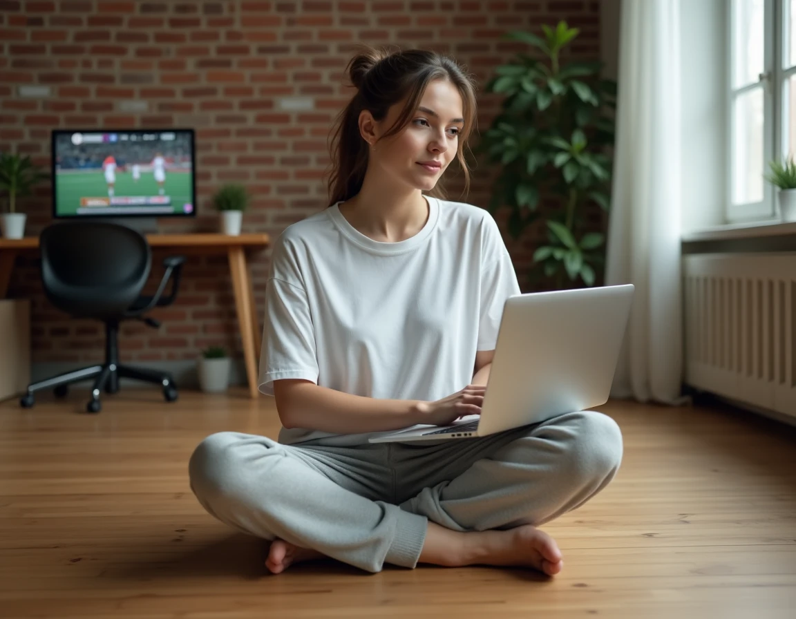 Femme regardant RMC Sport en streaming sur un ordinateur portable depuis un bureau à domicile