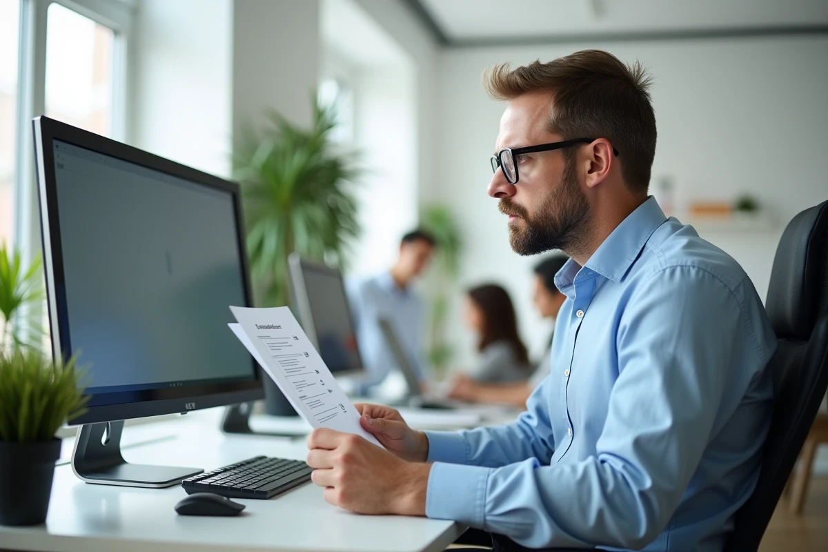 Technicien consultant une liste de vérifications face à un écran d'erreur sur un PC en panne