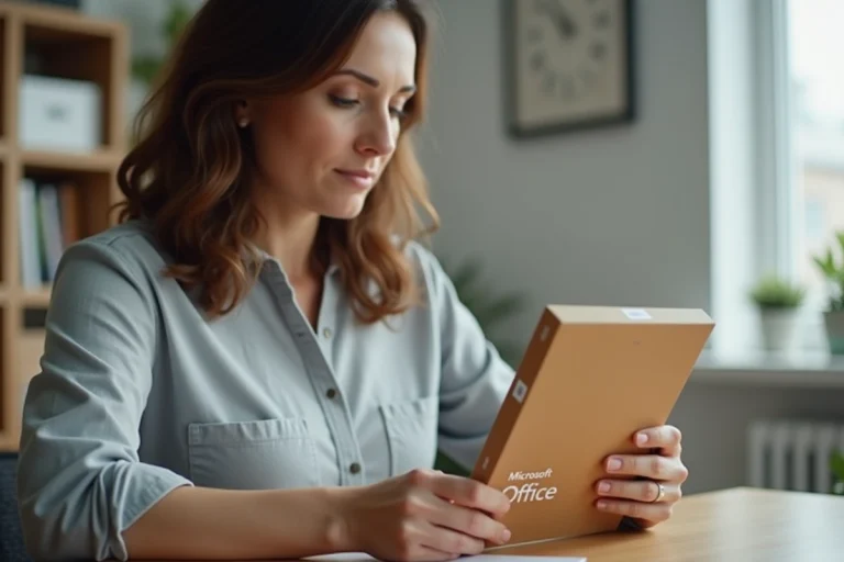 Femme consultant la boîte Microsoft Office pour trouver sa clé de produit sur l'étiquette