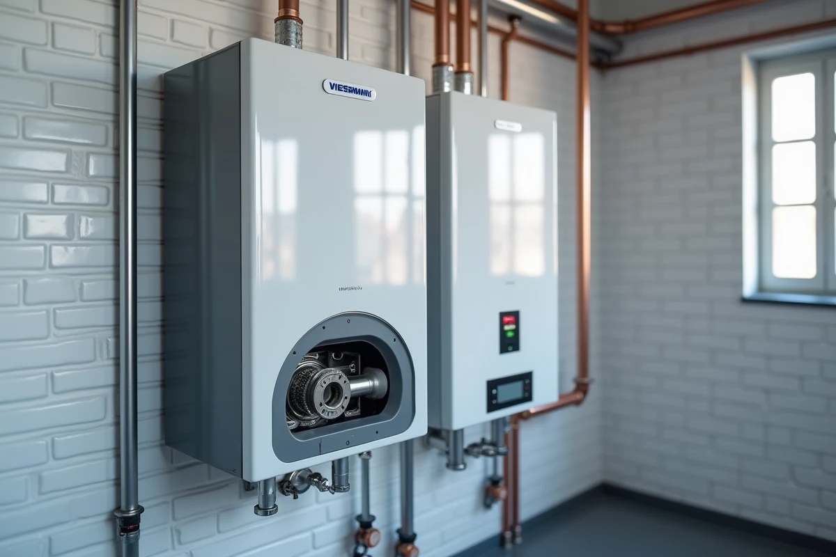 Chaudière à condensation Viessmann Vitodens 100-W avec brûleur cylindrique et interface tactile dans une chaufferie technique propre