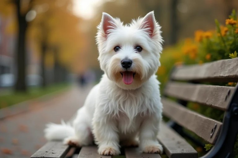 Westie assis sur un banc de parc en bois, regard vif et pelage blanc immaculé, en plein air au milieu de la verdure