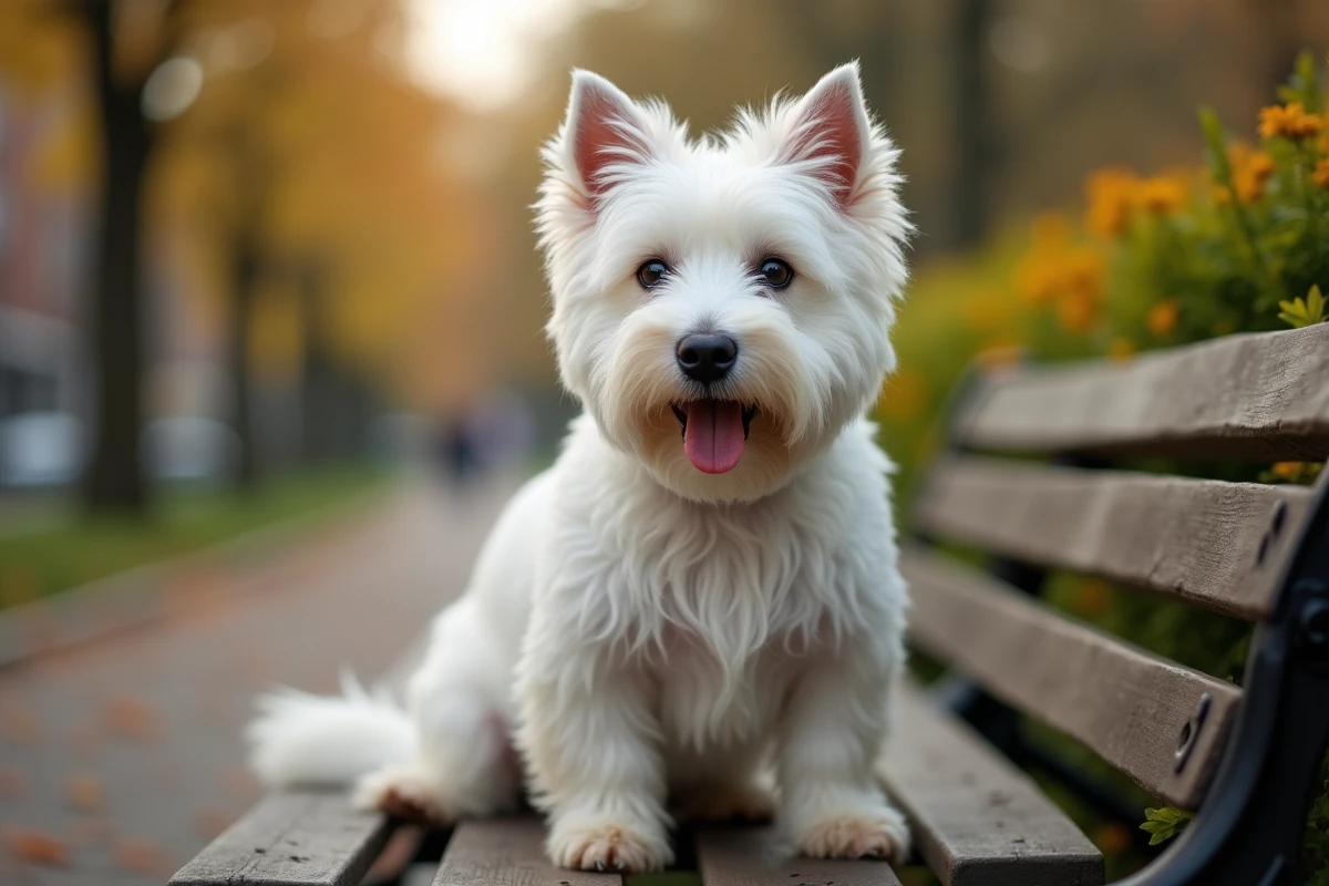 Westie assis sur un banc de parc en bois, regard vif et pelage blanc immaculé, en plein air au milieu de la verdure