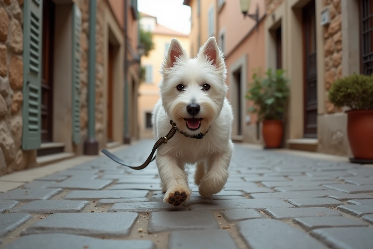 Westie en promenade sur une rue pavée de village, pelage blanc ébouriffé, capturé en pleine marche avec une architecture de pierre en arrière-plan